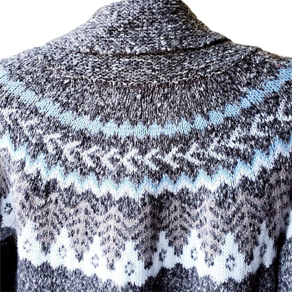 VINTAGE Oversized Retro Fair Isle Zip-Up Grey-Blue Fishermen Collar Neck Women's - Picture 6 of 7
